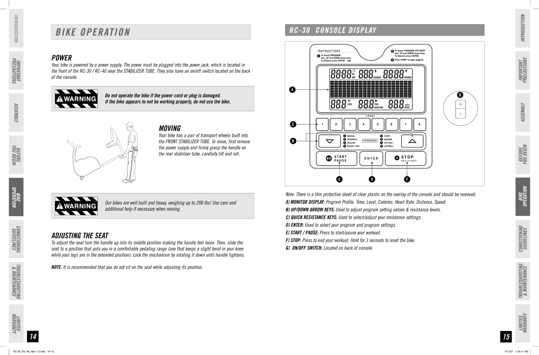 Horizon Fitness RC-40, RC-30 manual Bike Operation, Power, Moving, Adjusting the Seat, RC 30 Console Display 