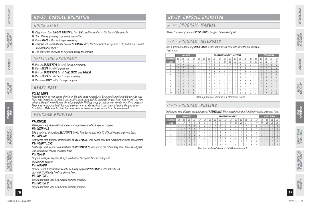 Horizon Fitness RC-30, RC-40 manual RC 30 Console Operation 