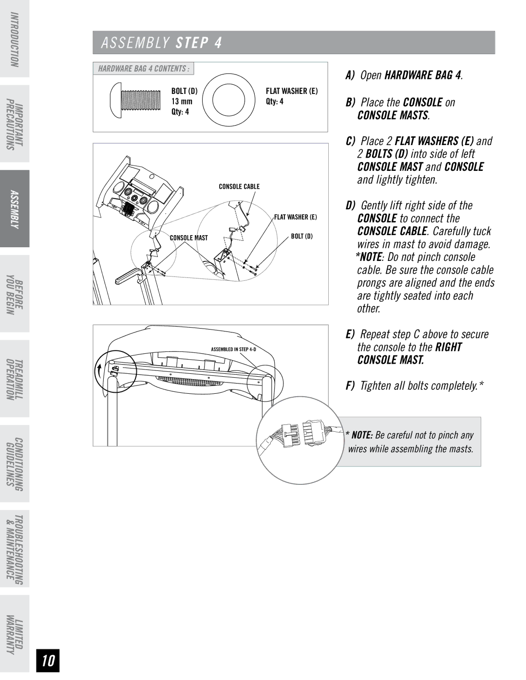 Horizon Fitness RCT7.6 manual Open Hardware BAG Place the Console on, Console Masts 