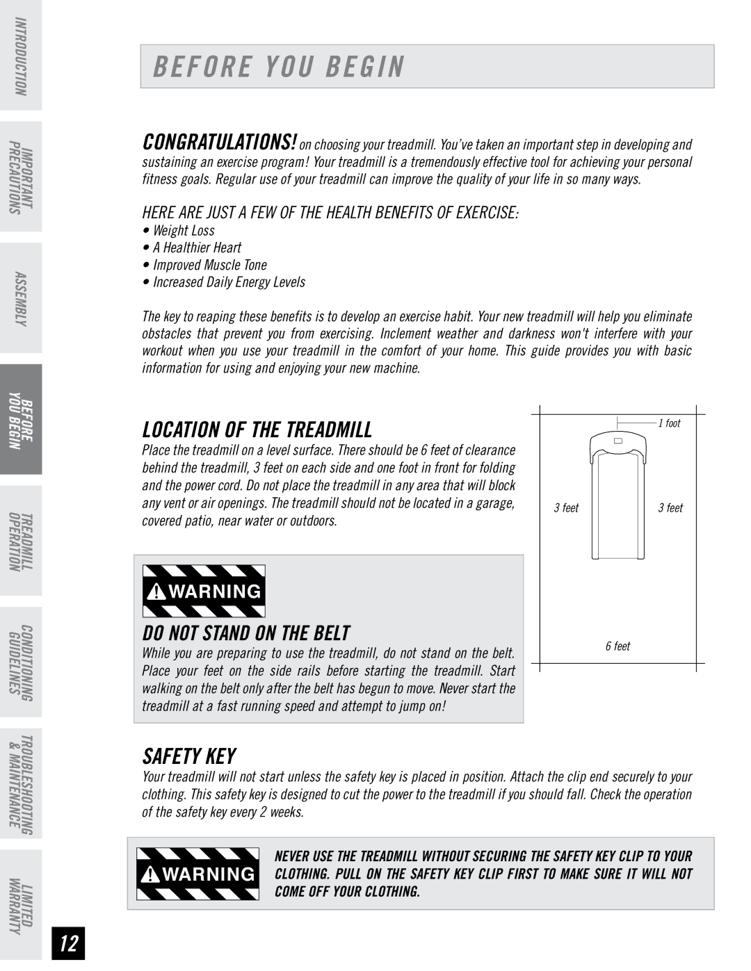 Horizon Fitness RCT7.6 manual Before YOU Begin, Location of the Treadmill, Safety KEY 