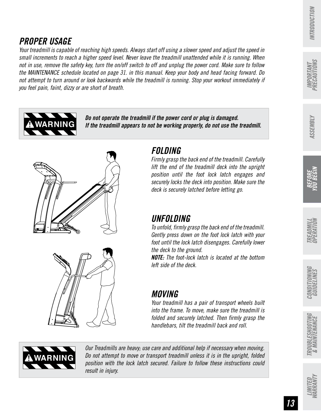 Horizon Fitness RCT7.6 manual Proper Usage, Folding, Unfolding, Moving 