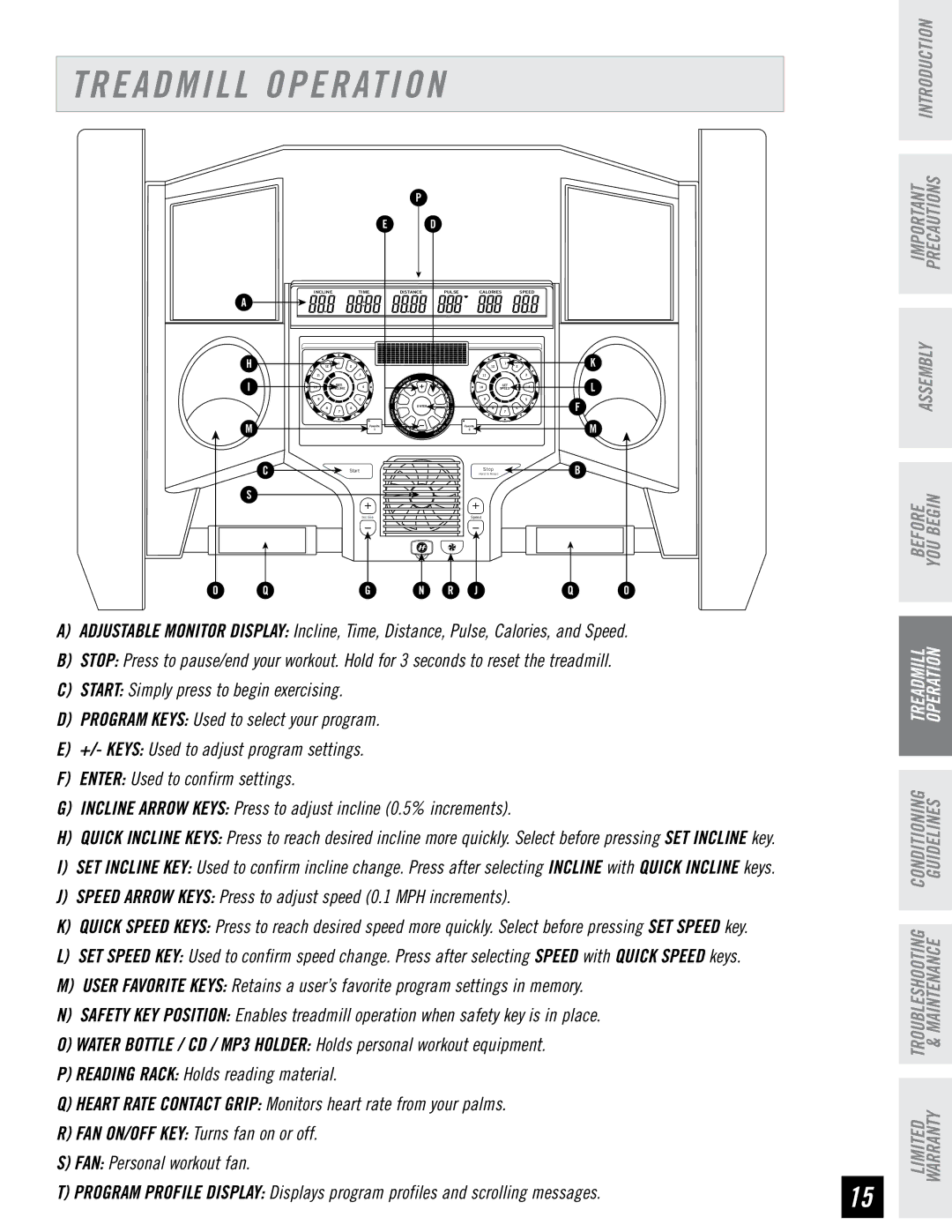 Horizon Fitness RCT7.6 manual Treadmill Operation, Speed arrow keys Press to adjust speed 0.1 MPH increments 