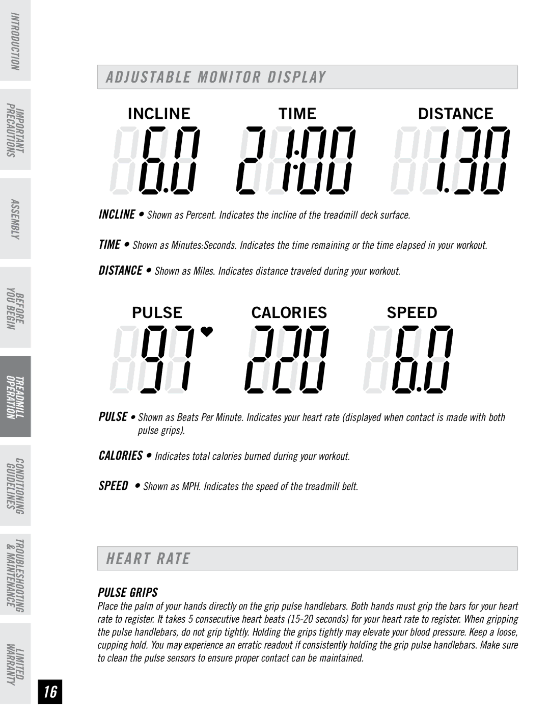 Horizon Fitness RCT7.6 manual Djustable Monitor Display, Heart Rate, Pulse Grips 