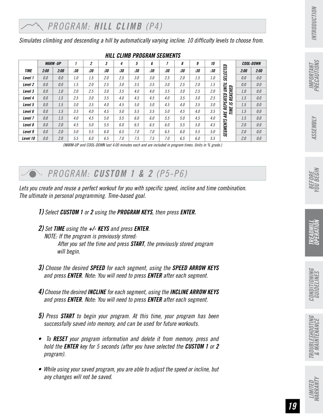 Horizon Fitness RCT7.6 manual O G R a M Hill Climb P4, Hill Climb Program Segments 