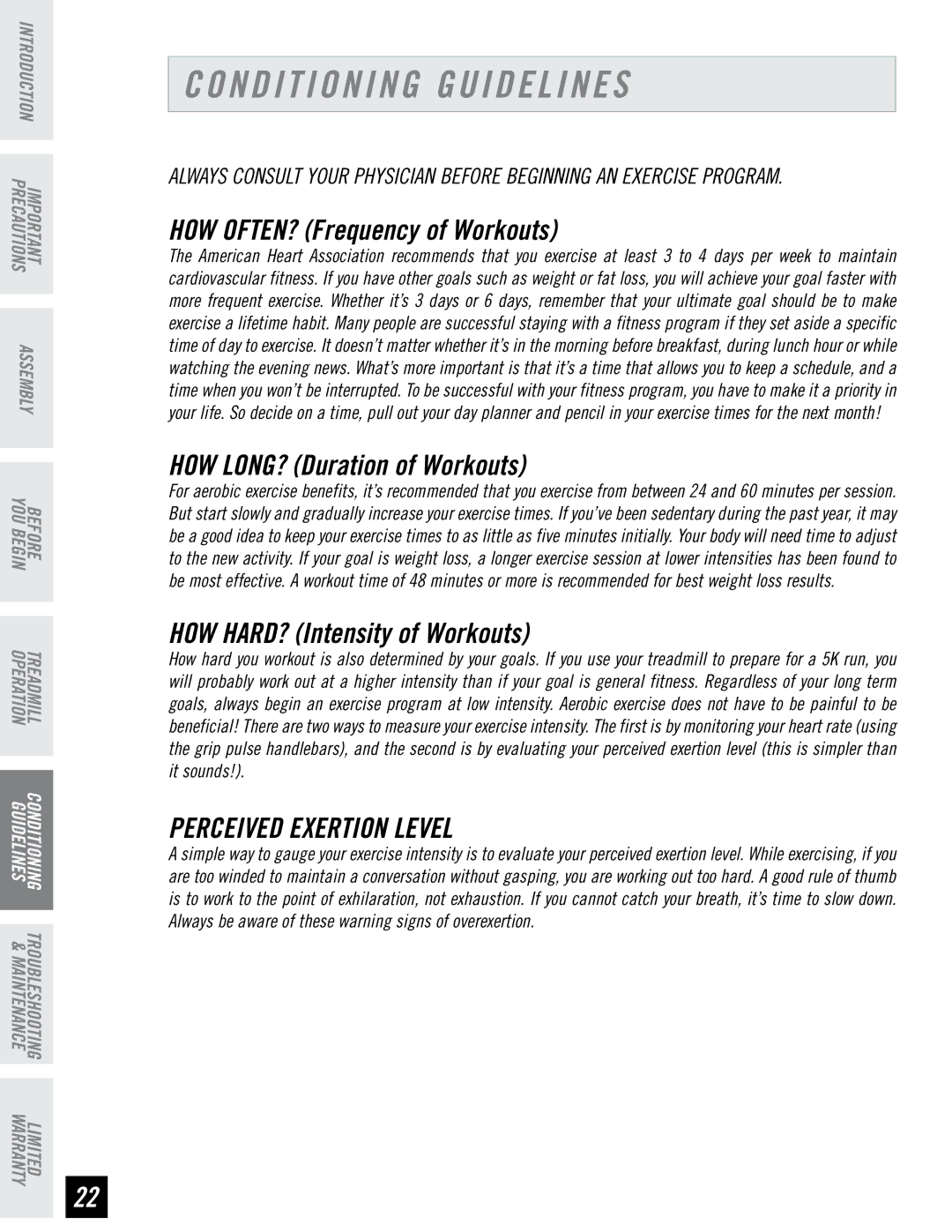 Horizon Fitness RCT7.6 manual Conditioning Guidelines, Perceived Exertion Level 