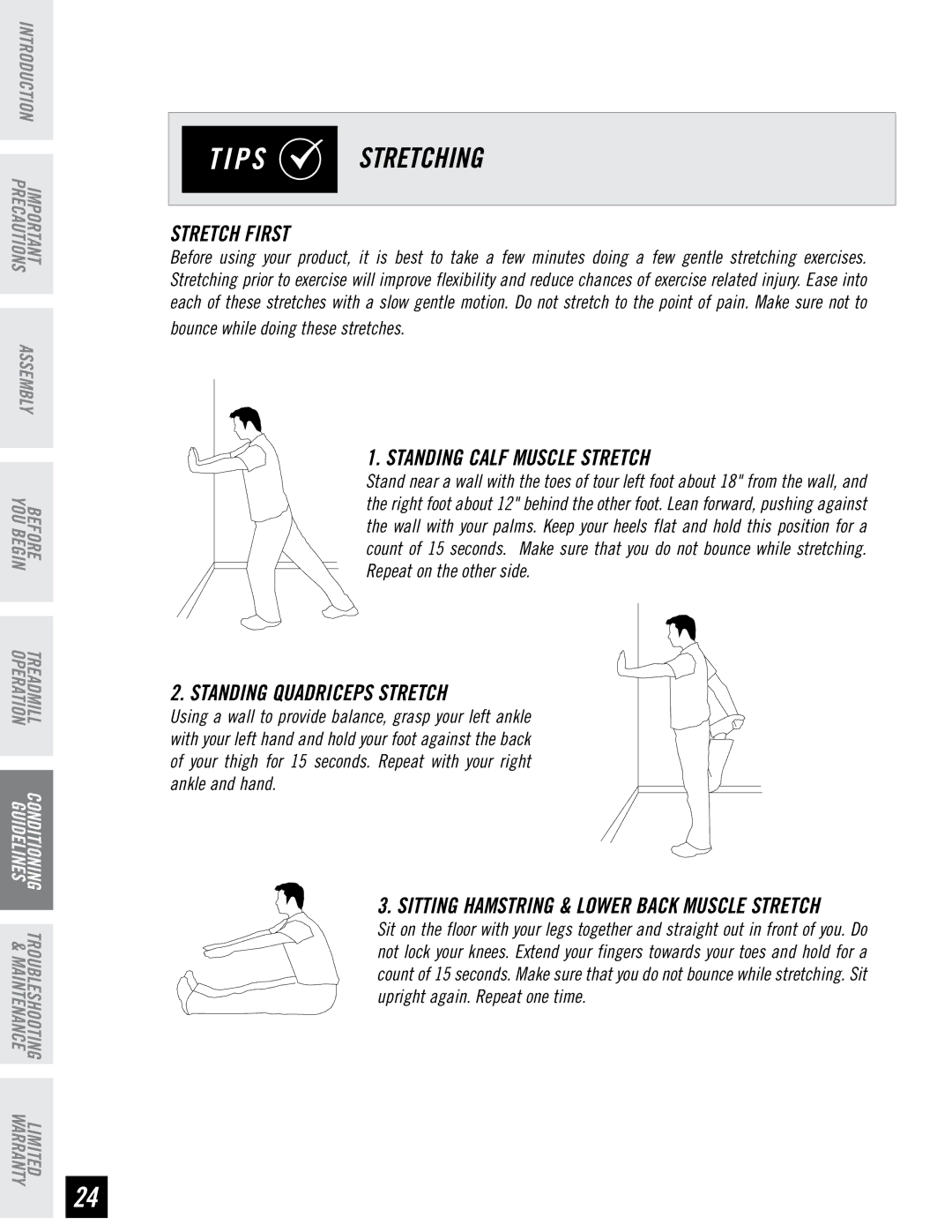 Horizon Fitness RCT7.6 manual P S Stretching, Stretch First, Standing Calf Muscle Stretch, Standing Quadriceps Stretch 