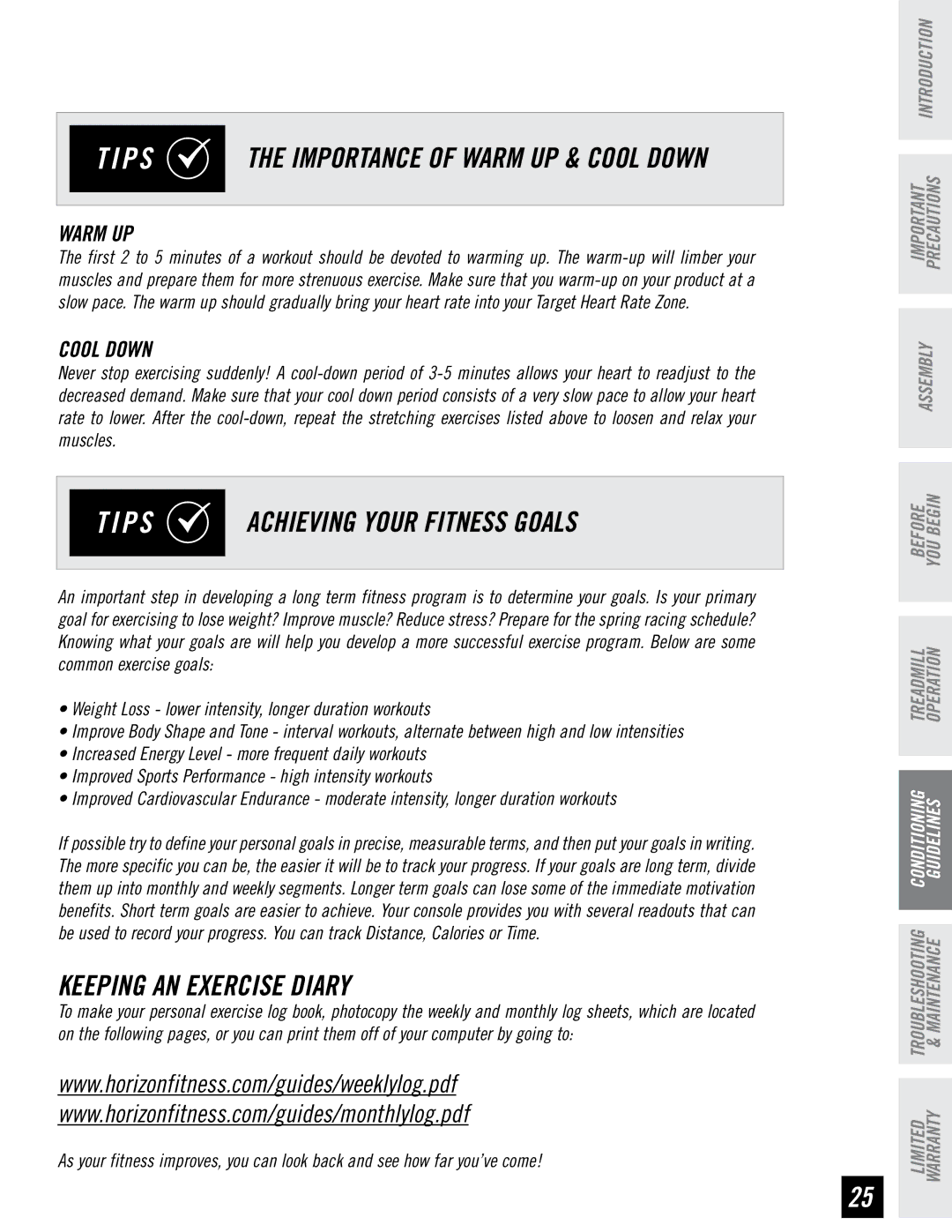 Horizon Fitness RCT7.6 manual P S Achieving Your Fitness Goals, Keeping AN Exercise Diary, Warm UP, Cool Down 