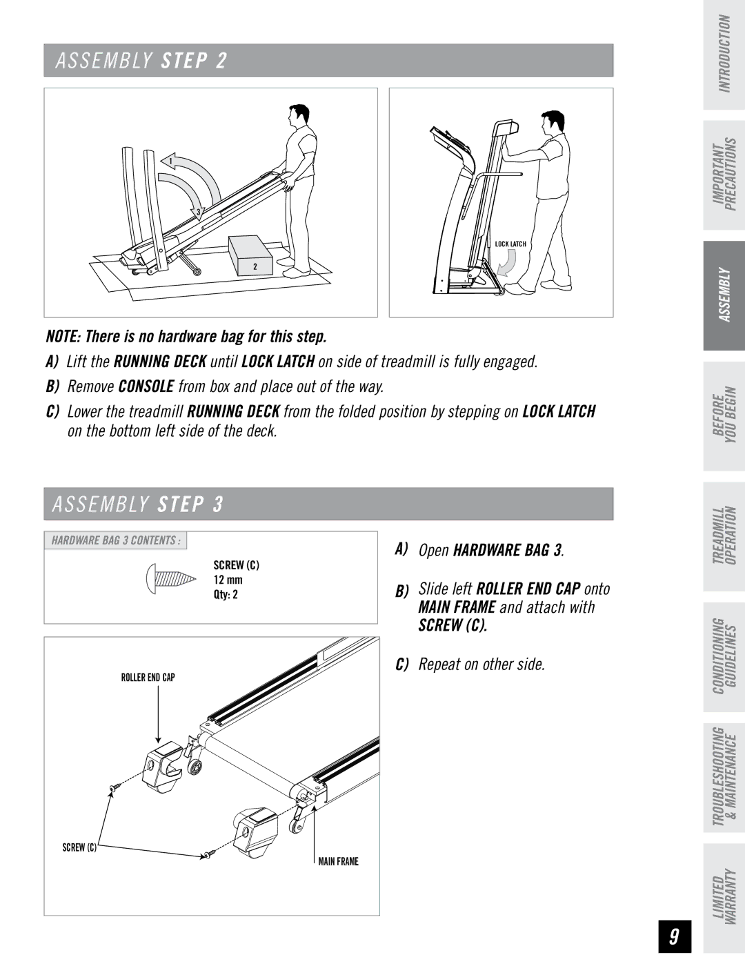 Horizon Fitness RCT7.6 manual Assembly Step, Open Hardware BAG, Repeat on other side 