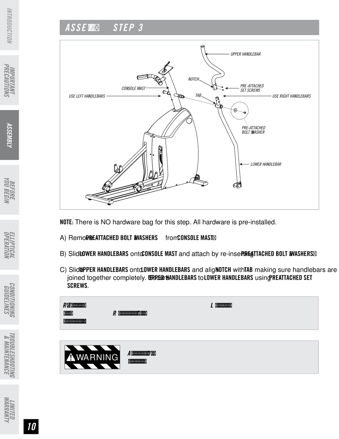 Horizon Fitness RE7.6 manual Remove PRE-ATTACHED Bolt & Washers from Console Mast 