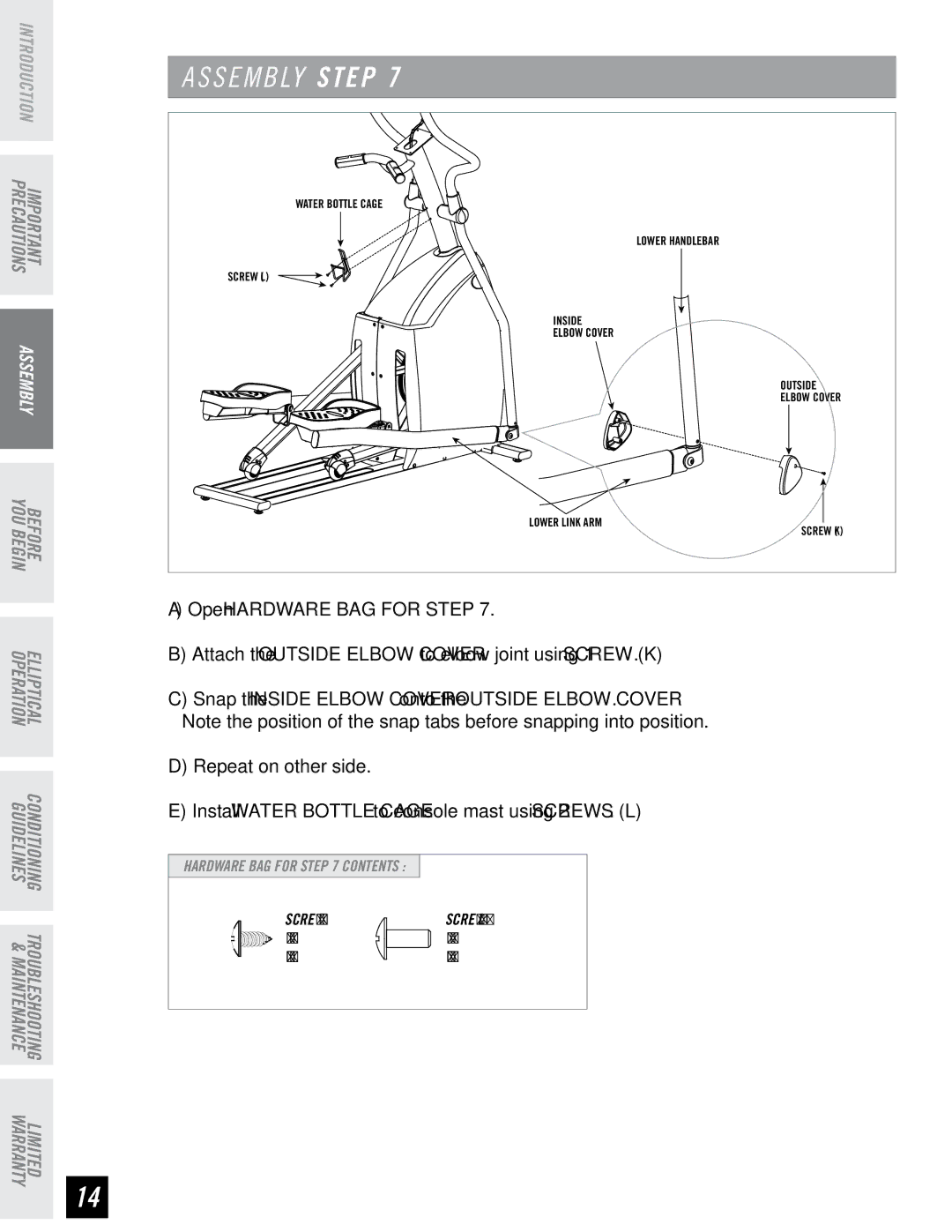 Horizon Fitness RE7.6 manual Screw K 