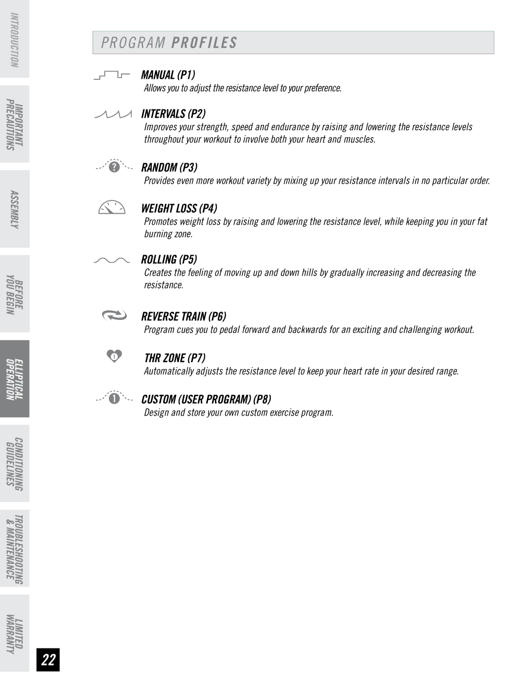 Horizon Fitness RE7.6 manual Intervals P2, Weight Loss P4, Reverse Train P6, THR Zone P7 