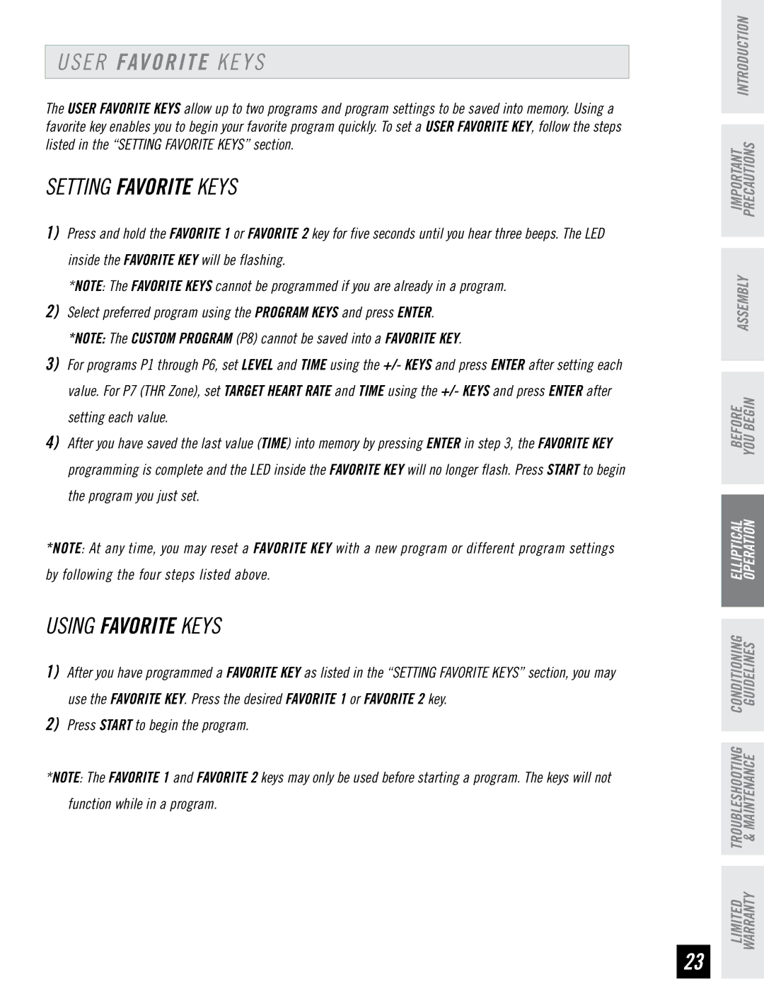 Horizon Fitness RE7.6 manual Setting Favorite Keys, Using Favorite Keys 