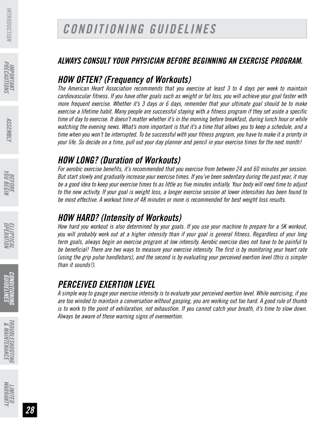 Horizon Fitness RE7.6 manual Conditioning Guidelines, Perceived Exertion Level 