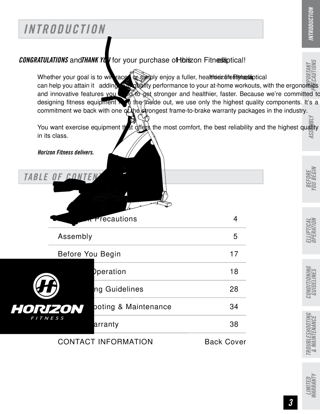 Horizon Fitness RE7.6 manual T R O D U C T I O N, Table of Contents 