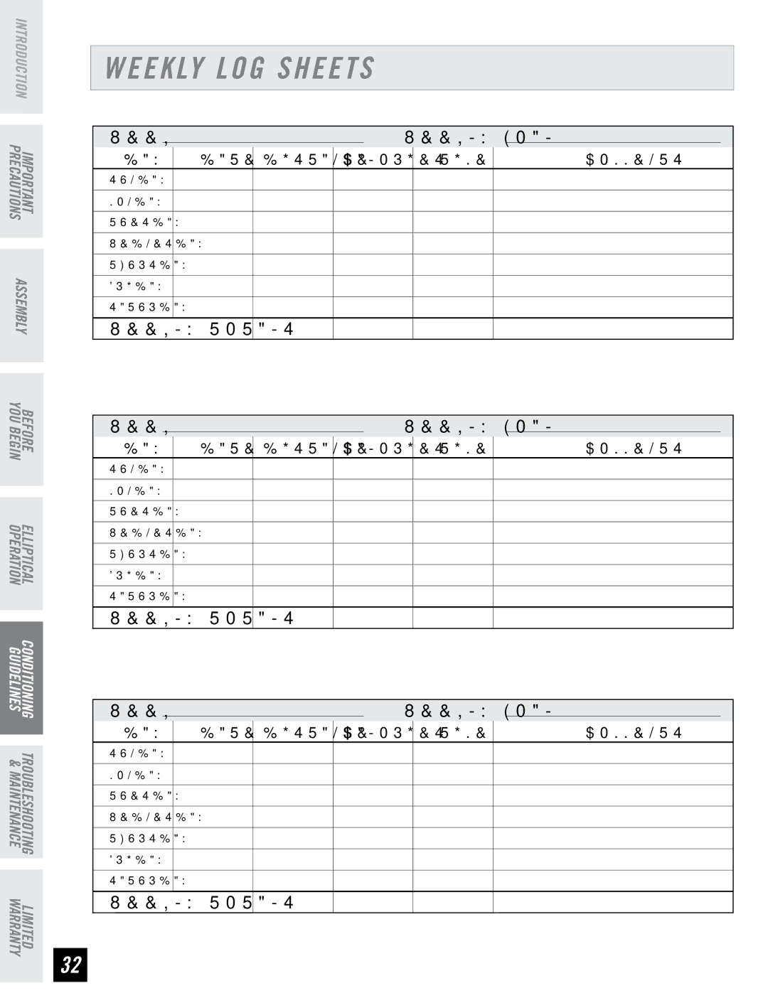 Horizon Fitness RE7.6 manual Weekly LOG Sheets,  5 0 5 4   