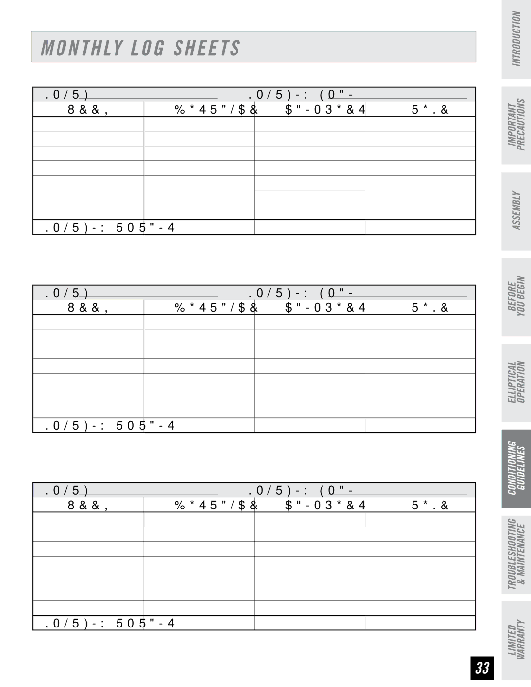 Horizon Fitness RE7.6 manual Monthly LOG Sheets,   5 / $ $ 0 3  5 0 5 4   