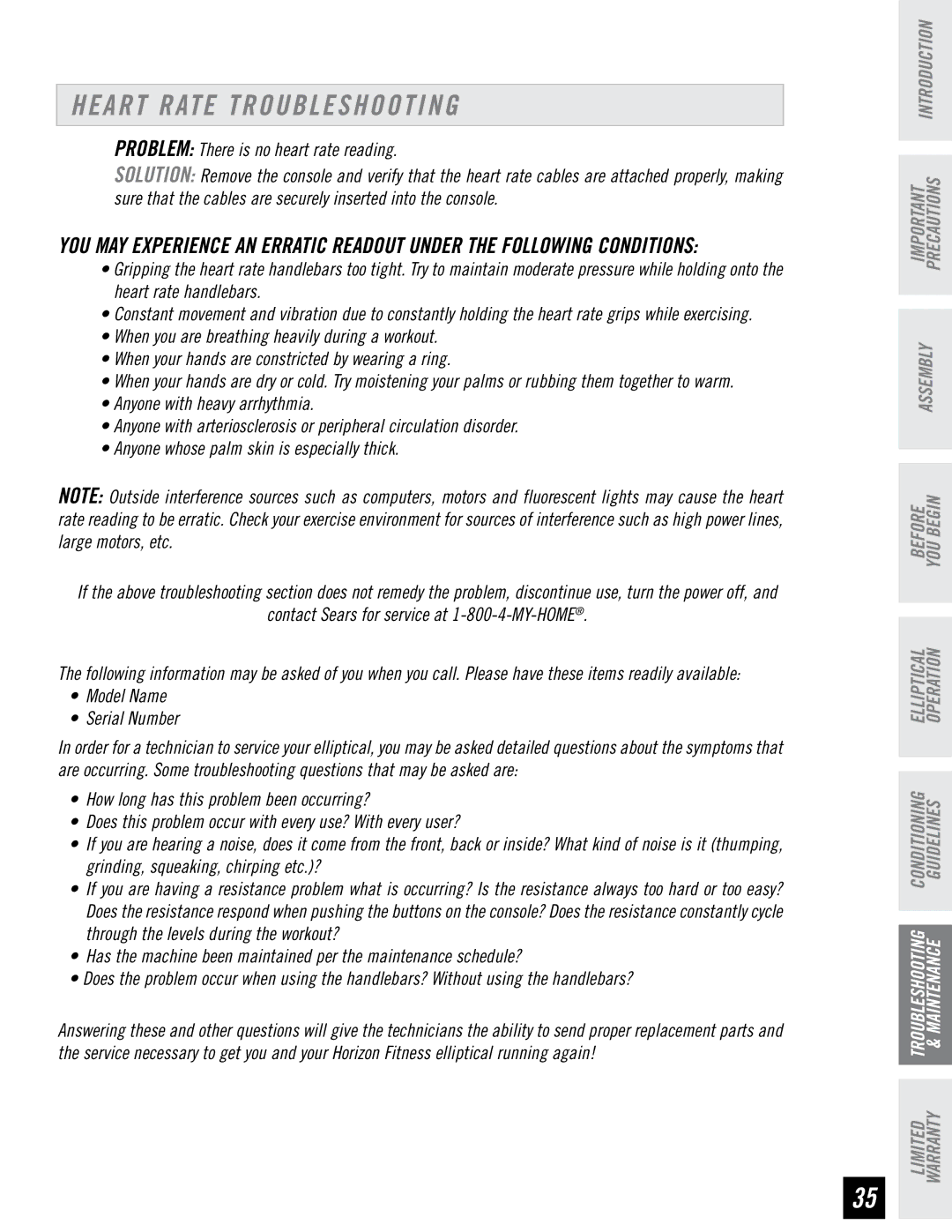 Horizon Fitness RE7.6 manual Heart Rate Troubleshooting, Problem There is no heart rate reading 