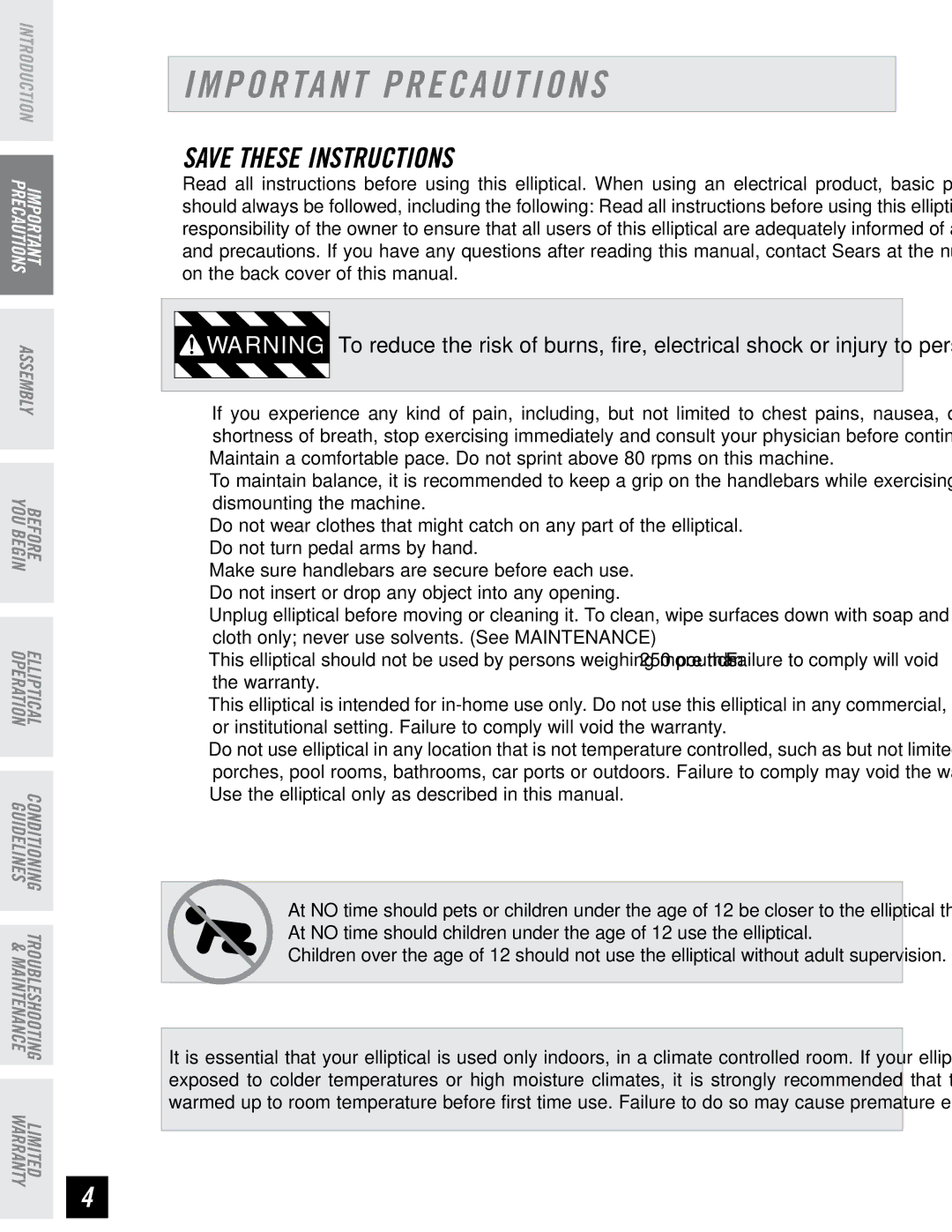 Horizon Fitness RE7.6 Important Precautions, Use the elliptical only as described in this manual 