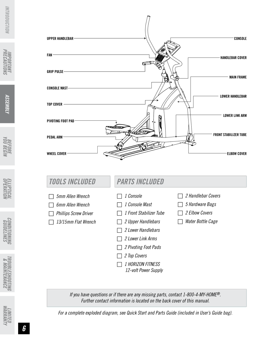 Horizon Fitness RE7.6 manual Tools Included, Parts Included 