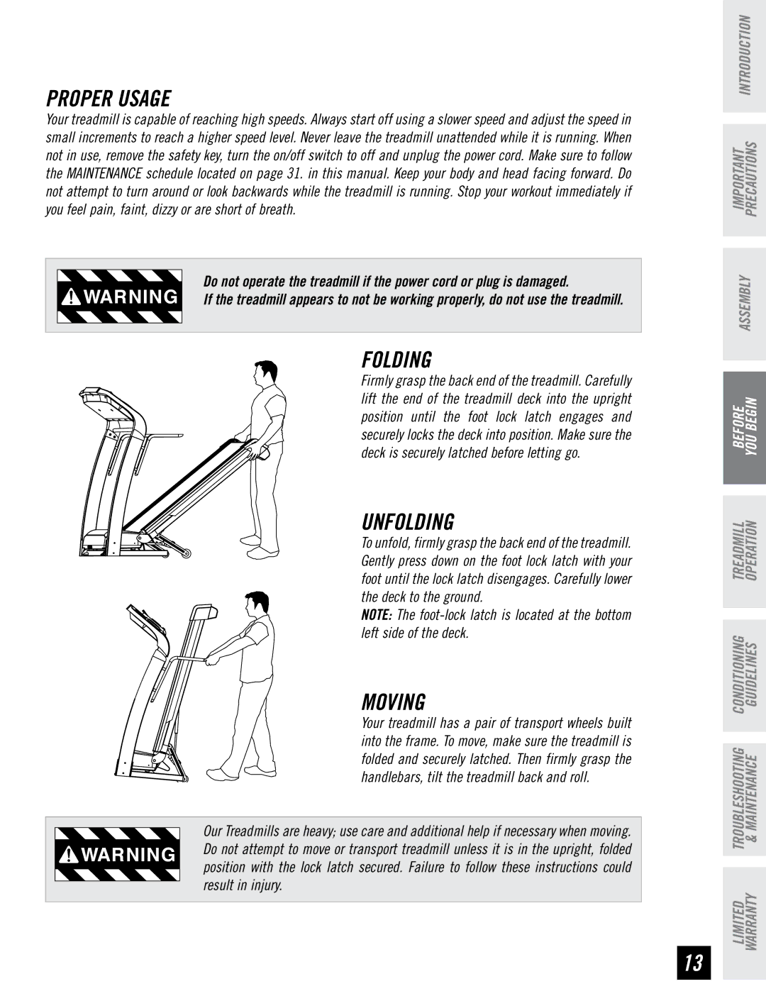 Horizon Fitness RST5.6 manual Proper Usage, Folding, Unfolding, Moving 