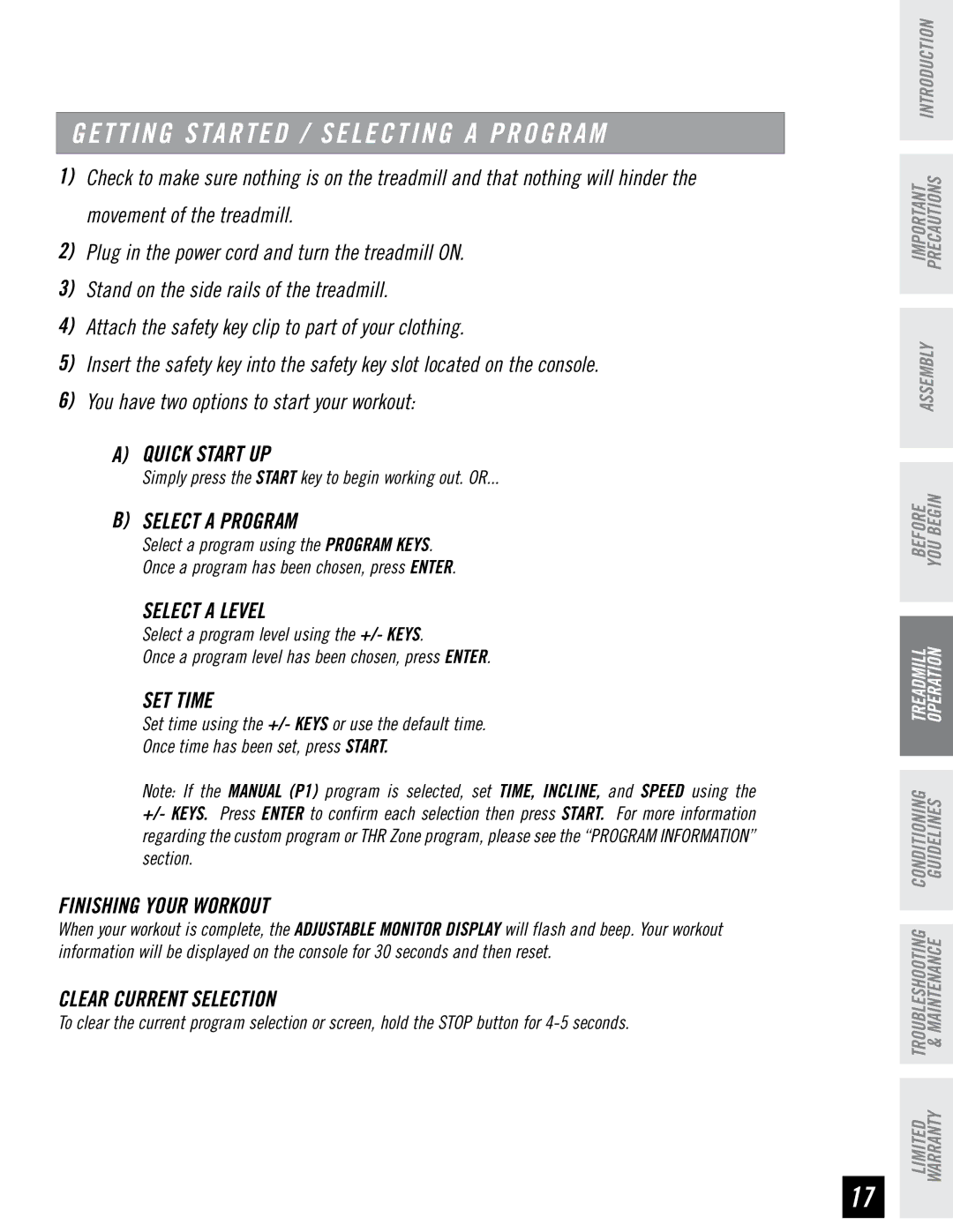 Horizon Fitness RST5.6 manual Getting Started / Selecting a Program, Select a Level, SET Time, Clear Current Selection 