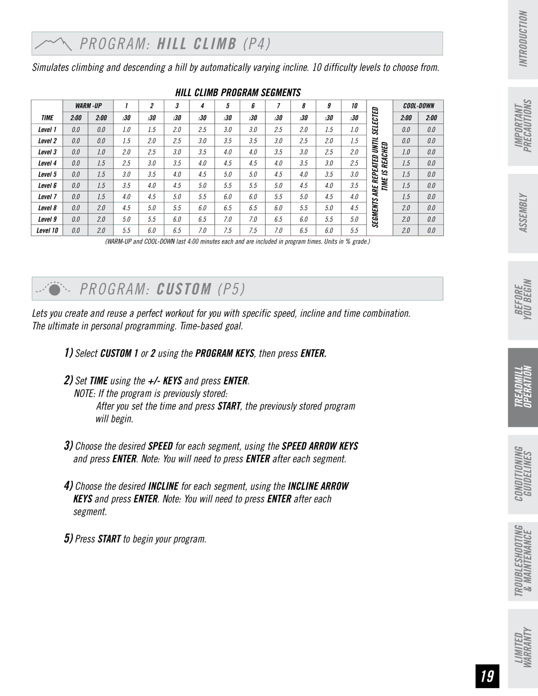 Horizon Fitness RST5.6 manual O G R a M Hill Climb P4, Program Custom P5 