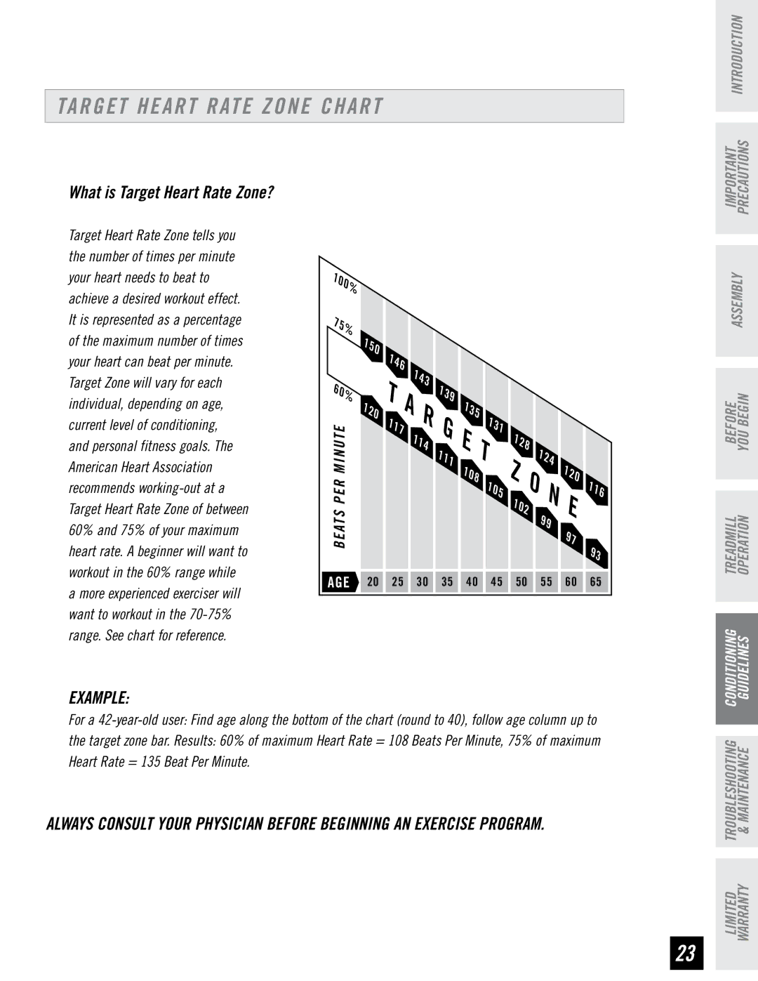 Horizon Fitness RST5.6 manual Target Heart Rate Zone Chart, Example 