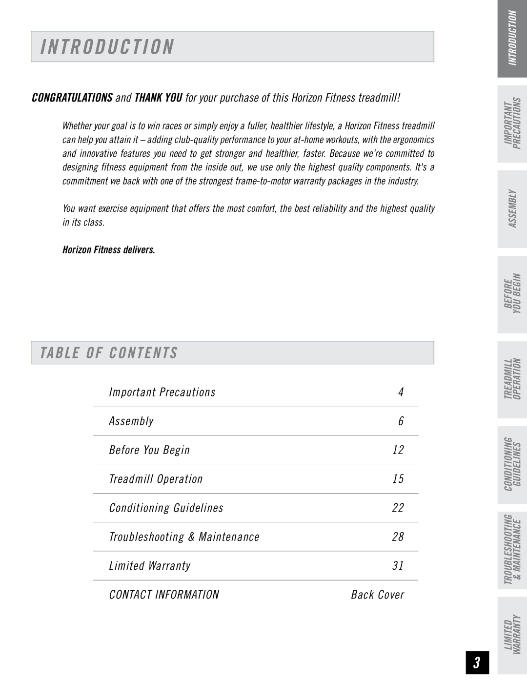 Horizon Fitness RST5.6 manual T R O D U C T I O N, Table of Contents 