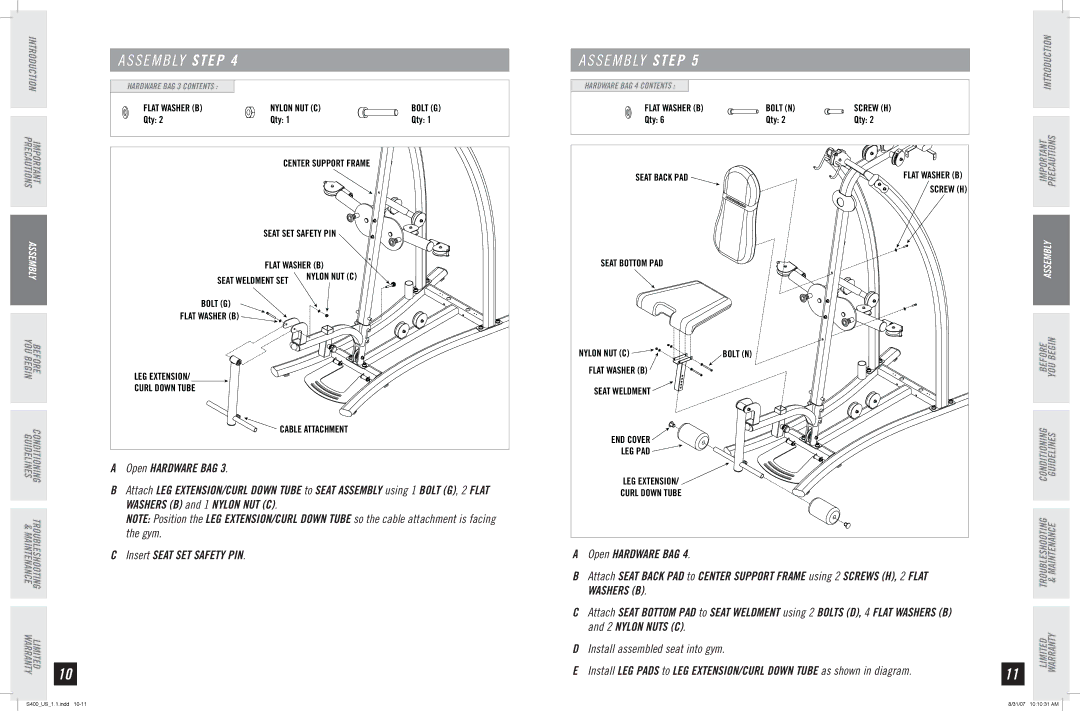 Horizon Fitness S400 manual Insert Seat SET Safety PIN 