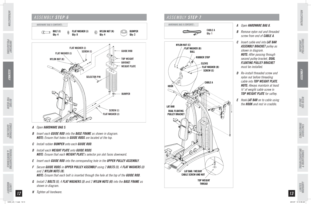 Horizon Fitness S400 manual Open Hardware BAG 