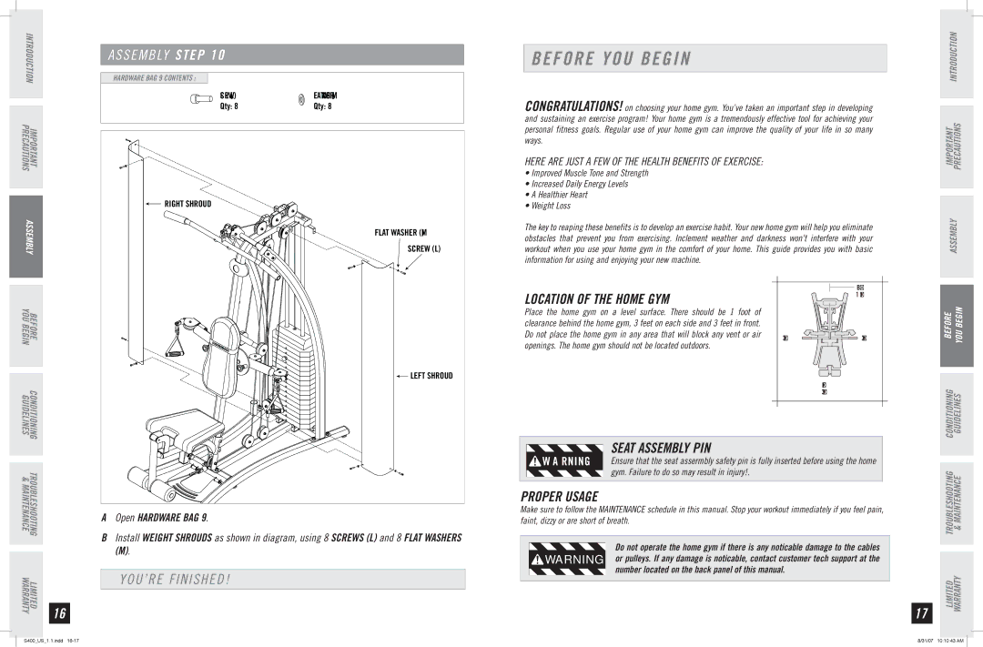 Horizon Fitness S400 manual Before YOU Begin, YOU’RE Finished, Seat Assembly PIN Proper Usage 