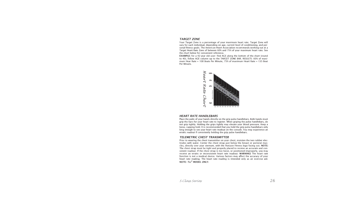 Horizon Fitness S.Class Series5 manual Target Zone, Heart Rate Handlebars, Telemetric Chest Transmitter 