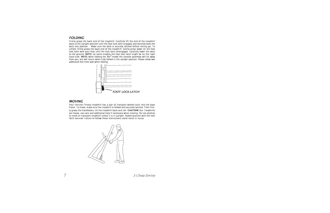 Horizon Fitness S.Class Series5 manual Folding, Moving, Foot Lock-Latch 