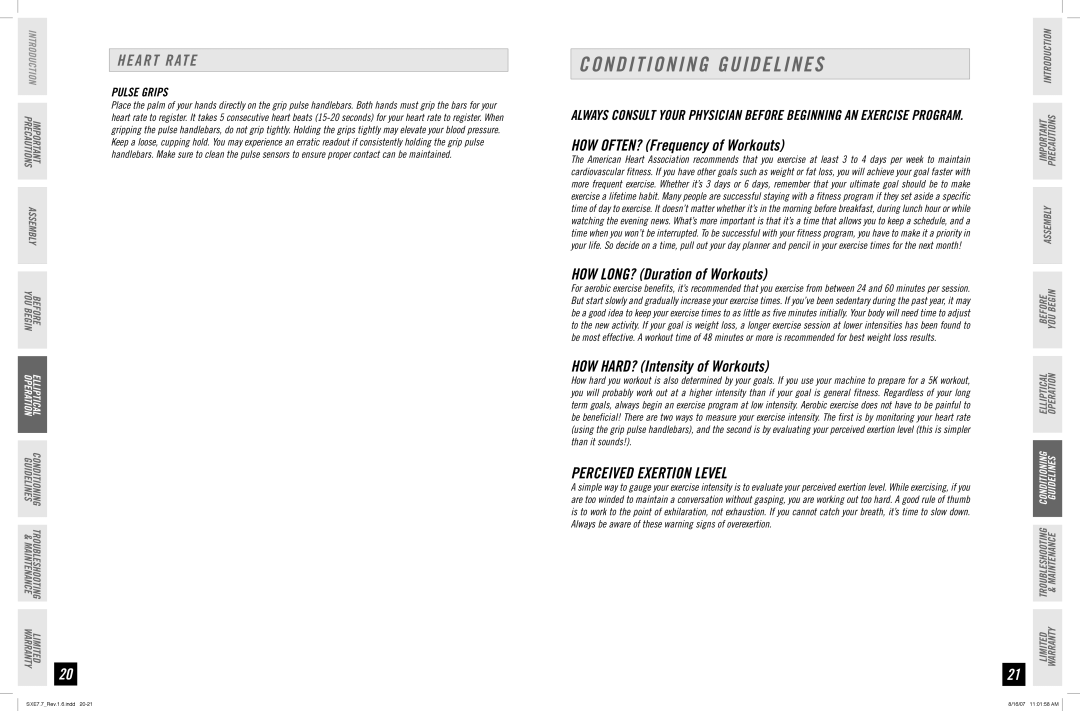 Horizon Fitness SXE 7.7 manual Conditioning Guidelines, Heart Rate, Perceived Exertion Level, Pulse Grips 