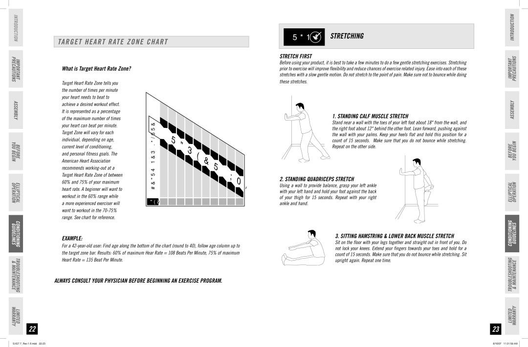 Horizon Fitness SXE 7.7 manual Target Heart Rate Zone Chart, Stretch First, Standing Calf Muscle Stretch, Example 