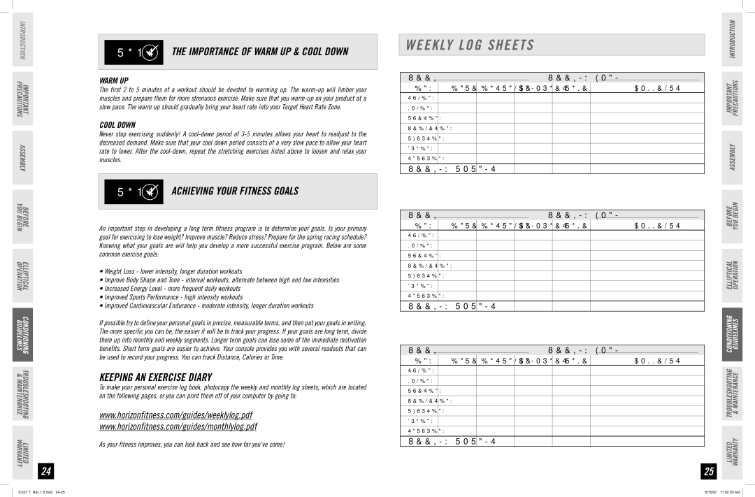 Horizon Fitness SXE 7.7 manual Weekly LOG Sheets, Achieving Your Fitness Goals, Keeping AN Exercise Diary 