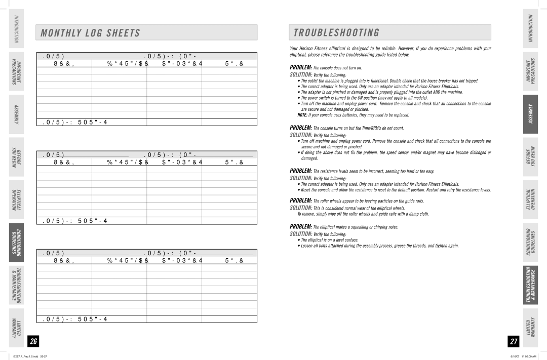 Horizon Fitness SXE 7.7 manual Monthly LOG Sheets, Troubleshooting,   5 / $ $ 0 3  5 0 5 4   