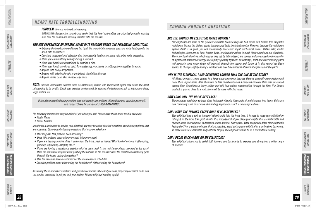 Horizon Fitness SXE 7.7 manual Heart Rate Troubleshooting, Common Product Questions 