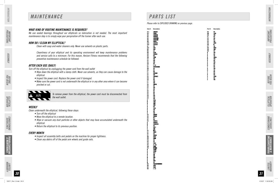 Horizon Fitness SXE 7.7 manual I N T E N a N C E, Parts List 