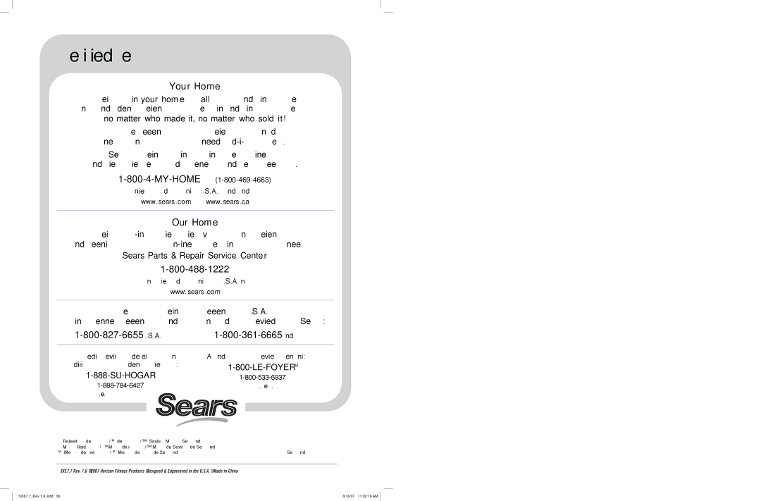 Horizon Fitness SXE 7.7 manual Get it fixed, at your home or ours 
