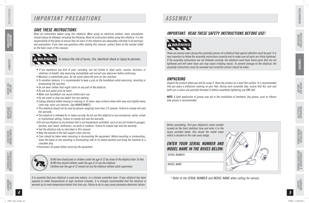 Horizon Fitness SXE 7.7 manual Important Precautions, Assembly, Unpacking 