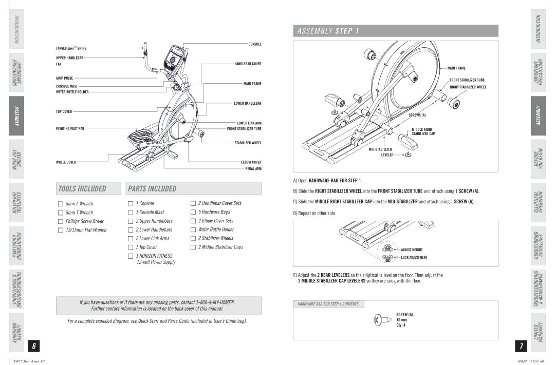 Horizon Fitness SXE 7.7 manual Tools Included, Parts Included 