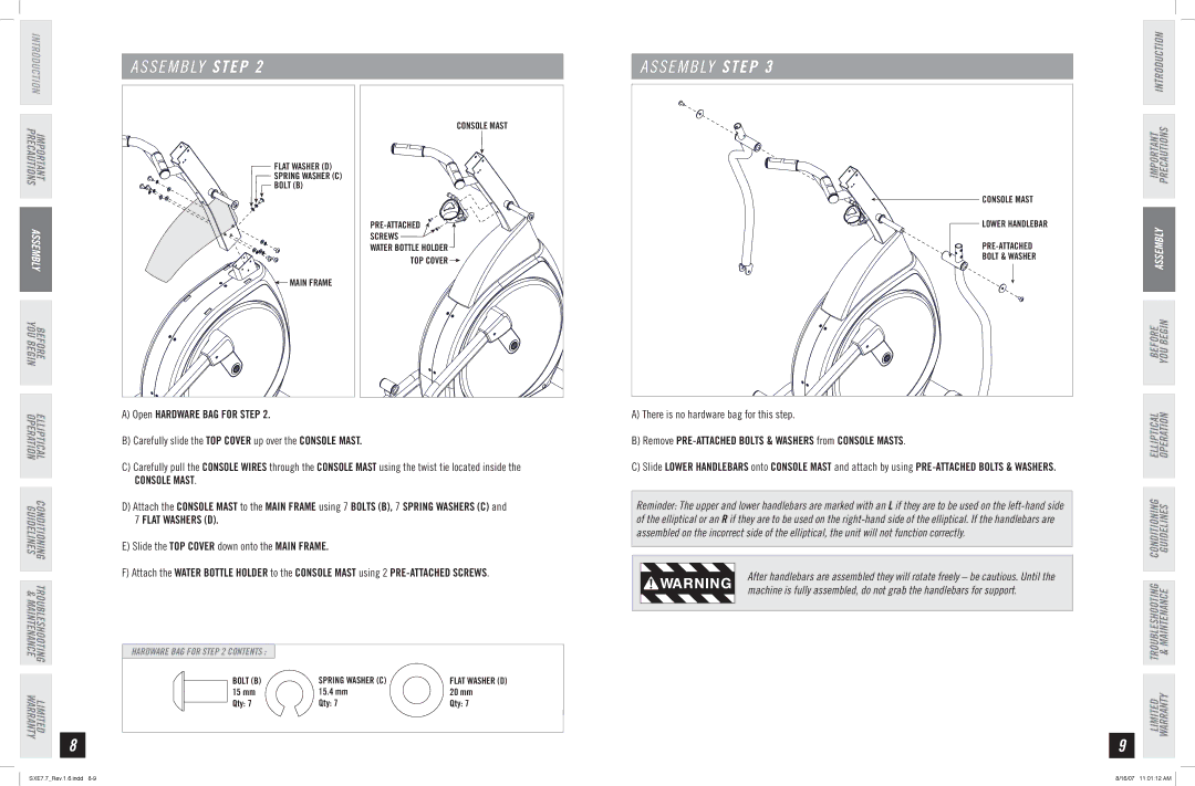 Horizon Fitness SXE 7.7 manual S E M B LY Step 