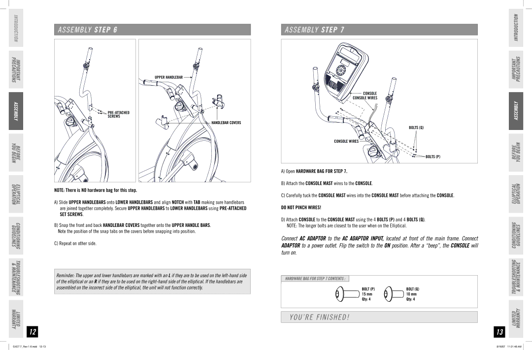 Horizon Fitness SXE 7.7 manual YOU’RE Finished, SET Screws 