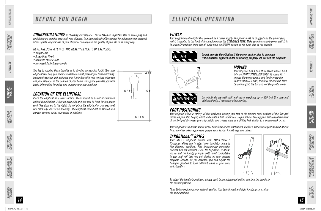 Horizon Fitness SXE 7.7 manual Before YOU Begin, Elliptical Operation 