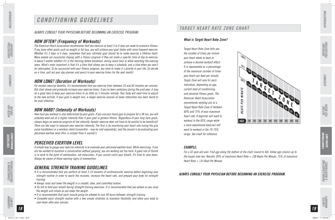 Horizon Fitness SXS 5.7 manual Conditioning Guidelines, Target Heart Rate Zone Chart, Perceived Exertion Level, Example 