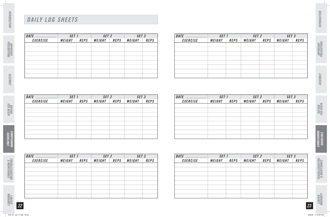 Horizon Fitness SXS 5.7 manual Daily LOG Sheets 