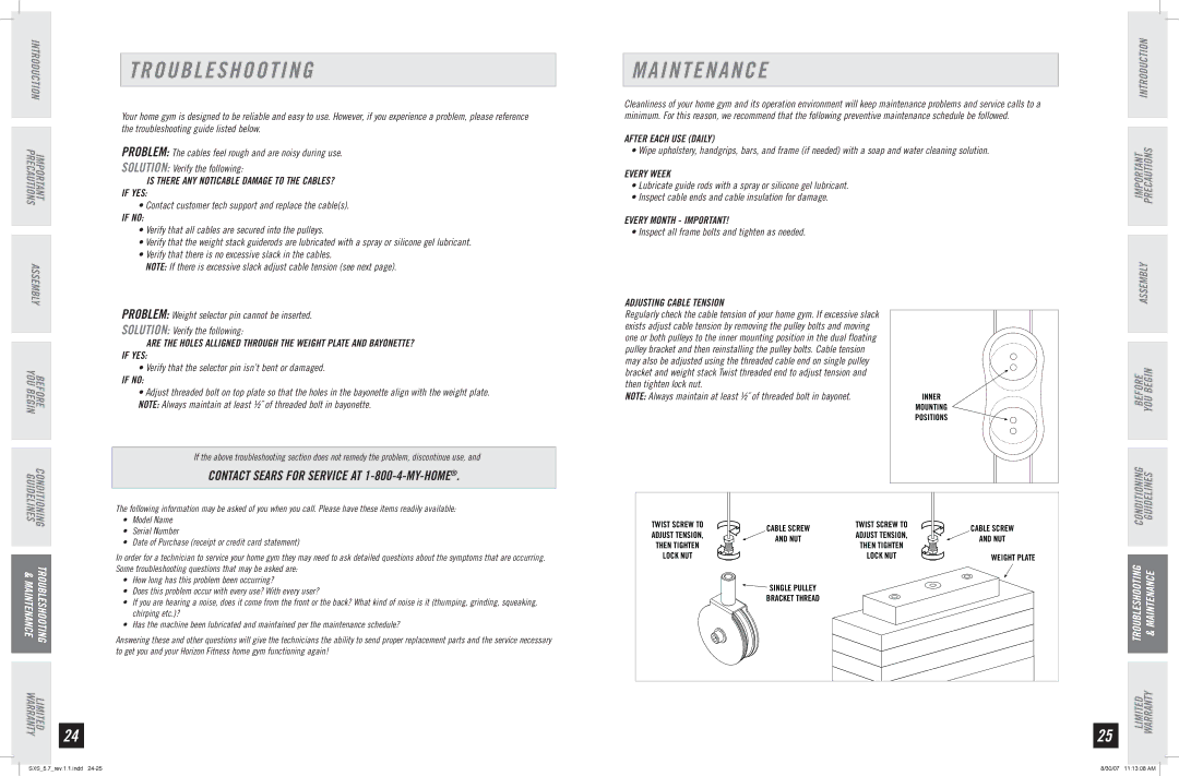 Horizon Fitness SXS 5.7 manual Troubleshooting, I N T E N a N C E, Problem, Contact Sears for Service AT 1-800-4-MY-HOME 