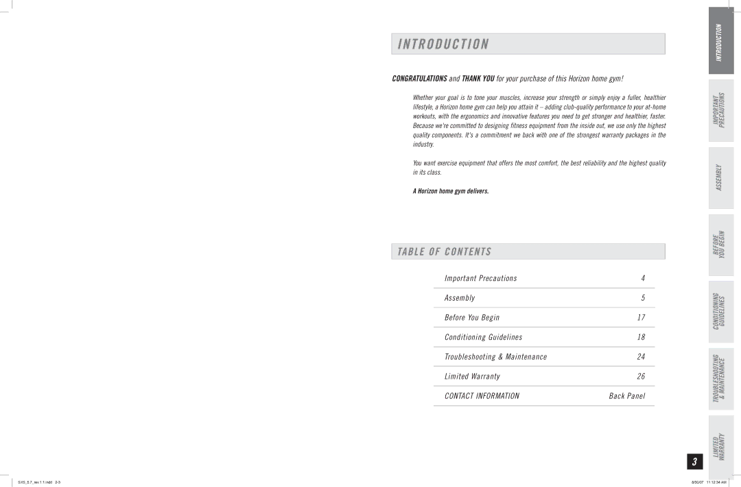 Horizon Fitness SXS 5.7 manual T R O D U C T I O N, Table of Contents 