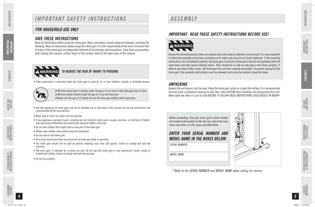 Horizon Fitness SXS 5.7 manual Important Safety Instructions, Assembly, For Household USE only, Unpacking 